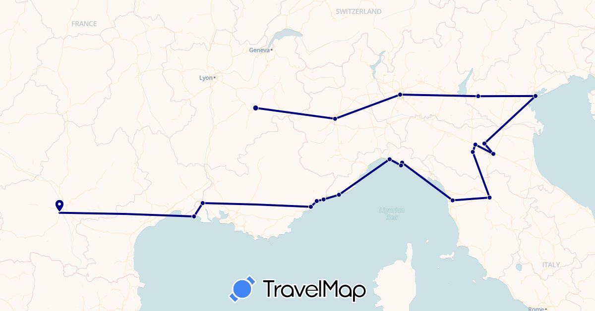 TravelMap itinerary: driving in France, Italy, Monaco (Europe)